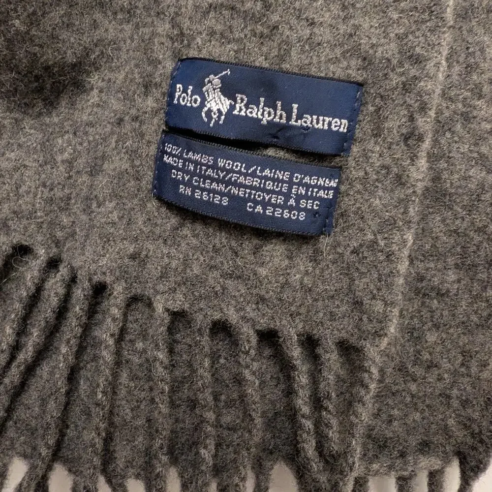 Polo Ralph‎ Lauren Gray Lambs Wool Scarf Pony Logo Fringe Detail